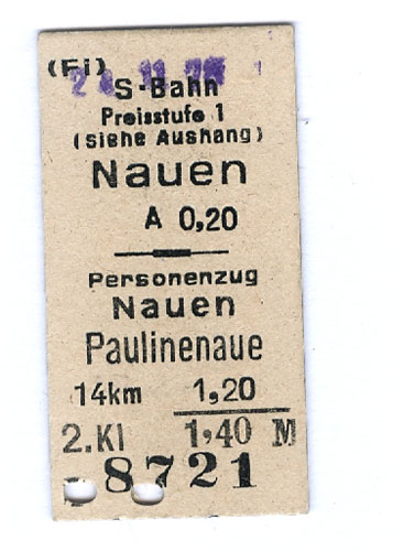 Fahrschein von Nauen nach Paulinenaue 1978. 