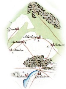 Abbildung des Schauplatzes. Auf seinem Weg vom Lindholz nach Behnitz über Selbelang berührte von Bardeleben die Gemarkungen mehrerer Herren. 
