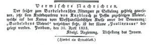 Faksimile der Notiz über die Namensgebung Paulinenaue. In: Amts-Blatt der Königlichen Regierung zu Potsdam und der Stadt Berlin. Stück 19 vom 30.05.1833, S. 122.